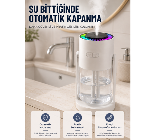 LED Işıklı Hava Nemlendirme Cihazı Şeffaf Su Hazneli Sessiz Masaüstü Nemlendirici