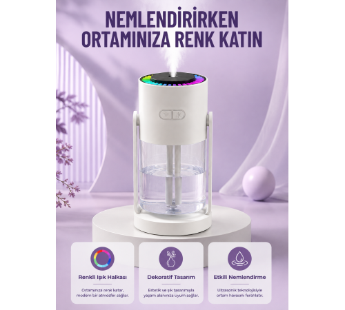 Sessiz Hava Nemlendirici Renkli Gece Işıklı Otomatik Kapanma Özellikli Nemlendirme Cihazı