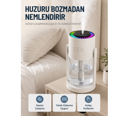 Taşınabilir Hava Nemlendirici LED Işıklı Şeffaf Hazneli Ev Ofis Yatak Odası Nemlendirme Cihazı