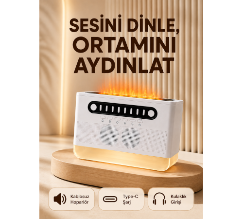 8 Çeşit Beyaz Gürültülü Kablosuz Hoparlör ve Renkli Alev Efektli Gece Lambası