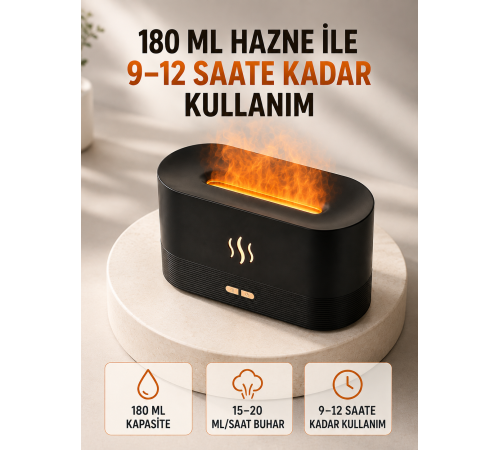 180 ML Alev Efektli Aroma Difüzörü Ultrasonik Buharlı Aromaterapi Cihazı
