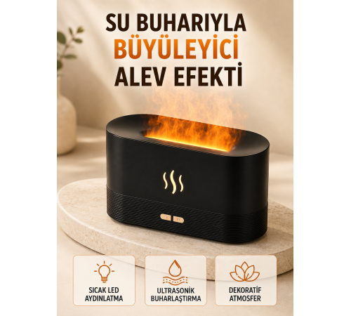 LED Alev Efektli Hava Nemlendirici 9 12 Saat Kullanımlı Aroma Difüzörü
