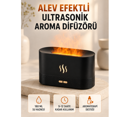 Ultrasonik Aromaterapi Difüzörü 180 ML Hazneli Dekoratif Alev Efektli Nemlendirici