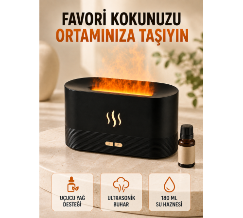 Alev Efektli Aroma Difüzörü Uçucu Yağ Destekli USB Hava Nemlendirici