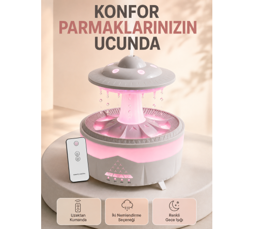 350 ML UFO Tasarımlı Ultrasonik Hava Nemlendirici Yağmur Efektli Gece Lambası