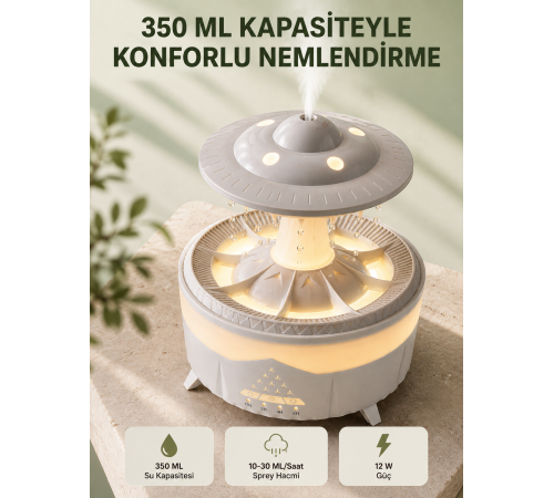 Dekoratif UFO Hava Nemlendirici Simüle Yağmur Damlalı Renkli Gece Işıklı 350 ML