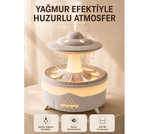 UFO Tasarımlı 350 ML Hava Nemlendirici Renkli Ortam Işığı Yağmur Efektli Difüzör