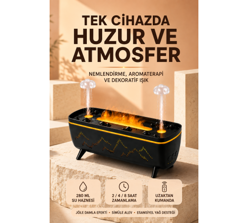 Jöle Yağmur Efektli Hava Nemlendirici 280 ML Aromaterapi Difüzörü Alev Efektli