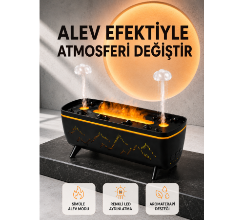 Alev Efektli Hava Nemlendirici 280 ML Esansiyel Yağ Uyumlu Jöle Yağmur Efektli Difüzör