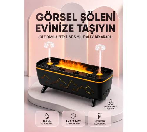 Dekoratif Siyah Hava Nemlendirici Jöle Damla ve Alev Efektli LED Işıklı Aroma Difüzörü