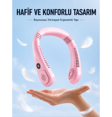 Pembe Boyun Tipi Fan USB Şarjlı Hafif Tasarım Güçlü Hava Üflemeli Serinletici