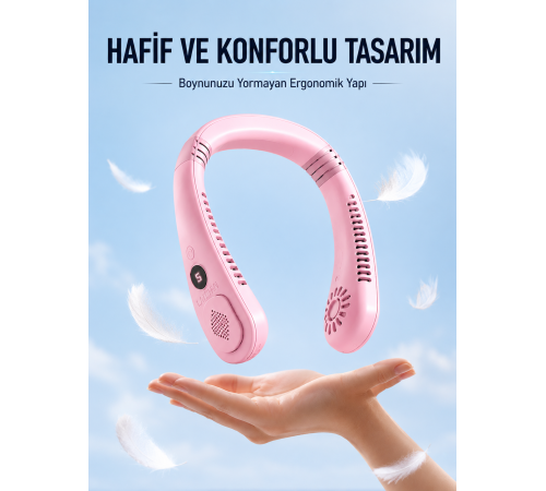 Pembe Boyun Tipi Fan USB Şarjlı Hafif Tasarım Güçlü Hava Üflemeli Serinletici