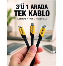 3'lü Şarj Kablosu Hızlı Şarj Destekli Dayanıklı Örgü USB Kablo