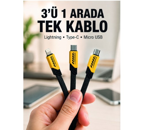 3'lü Şarj Kablosu Hızlı Şarj Destekli Dayanıklı Örgü USB Kablo