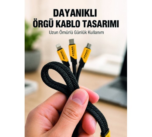 USB 3'ü 1 Arada Şarj Kablosu 240W PD Destekli Çoklu Şarj Kablosu