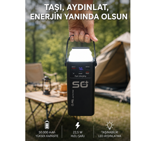 50.000 mAh Powerbank Hızlı Şarj 4 Dahili Kablolu Dijital Göstergeli LED Aydınlatmalı Taşınabilir Şarj Cihazı