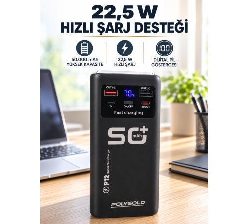 Yüksek Kapasiteli 50.000 mAh Powerbank 22,5 W Hızlı Şarj 4 Dahili Kablo LED Aydınlatma