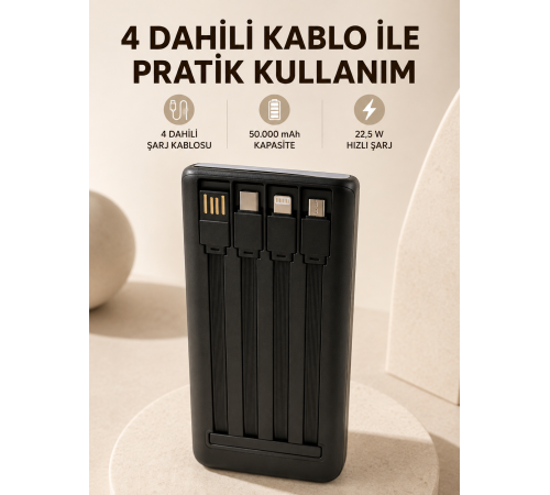 Hızlı Şarj Powerbank 50.000 mAh 4 Dahili Kablolu LED Aydınlatmalı Dijital Göstergeli Taşınabilir Batarya