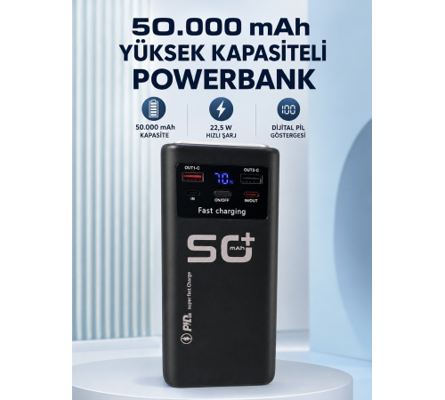50.000 mAh Taşınabilir Powerbank 22,5 W Hızlı Şarj 4 Dahili Şarj Kablosu Dijital Ekran LED Aydınlatma ve Taşıma Sapı