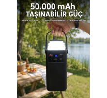 LED Aydınlatmalı Powerbank 50.000 mAh 22,5 W Hızlı Şarj 4 Dahili Kablolu Dijital Pil Göstergeli Batarya