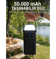 LED Aydınlatmalı Powerbank 50.000 mAh 22,5 W Hızlı Şarj 4 Dahili Kablolu Dijital Pil Göstergeli Batarya