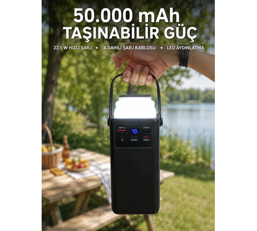 LED Aydınlatmalı Powerbank 50.000 mAh 22,5 W Hızlı Şarj 4 Dahili Kablolu Dijital Pil Göstergeli Batarya