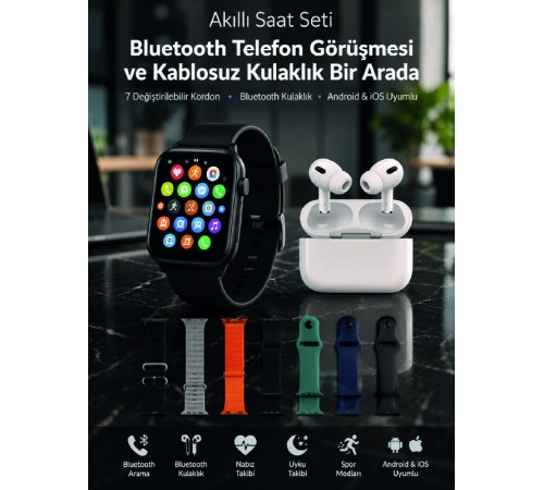 Bluetooth Telefon Görüşmeli Akıllı Saat Seti Kablosuz Bluetooth Kulaklık 7 Değiştirilebilir Kordon