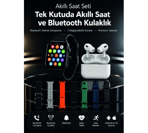 7 Kordonlu Akıllı Saat ve Bluetooth Kulaklık Seti Nabız Takibi, Bildirimler ve Spor Modları
