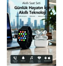 Bluetooth Arama Özellikli Akıllı Saat Seti Kablosuz Kulaklık Hediyeli, Android & iOS Uyumlu