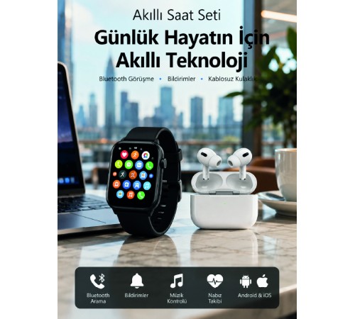 Bluetooth Arama Özellikli Akıllı Saat Seti Kablosuz Kulaklık Hediyeli, Android & iOS Uyumlu