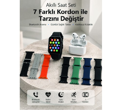 Bluetooth Görüşme Destekli Akıllı Saat Seti Kablosuz Kulaklık, 7 Kordon ve Çoklu Spor Modu