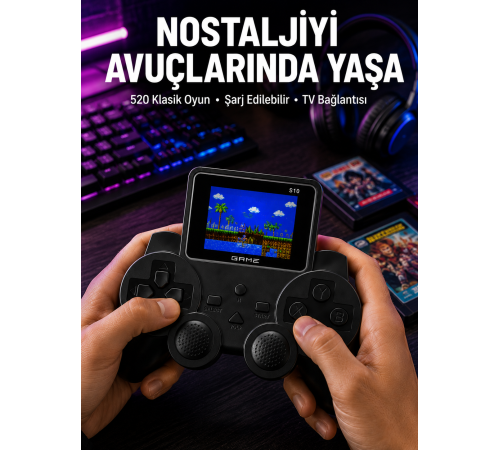 Şarjlı Retro Gamepad Oyun Konsolu 520 Oyunlu TV Çıkışlı El Konsolu