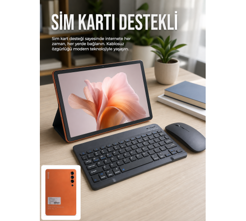 SIM Kart Destekli Android Tablet Bluetooth Klavye ve Kablosuz Mouse Seti Geniş Ekran Taşınabilir Tasarım