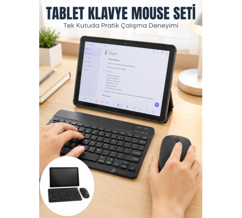 SIM Kartlı Android Tablet Bluetooth Klavye Kablosuz Mouse Geniş Ekran ve Taşınabilir Kullanım Seti