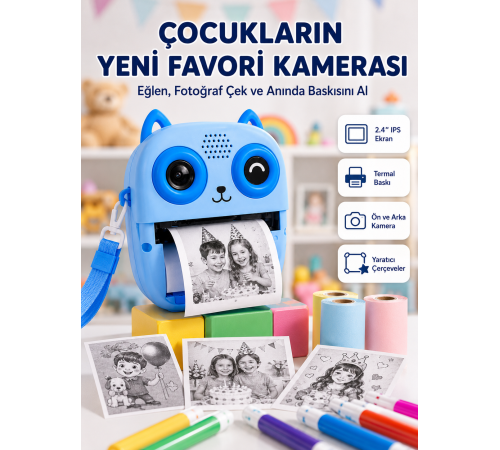 Anında Baskılı Çocuk Fotoğraf Makinesi Termal Yazıcılı Selfie Kamerası