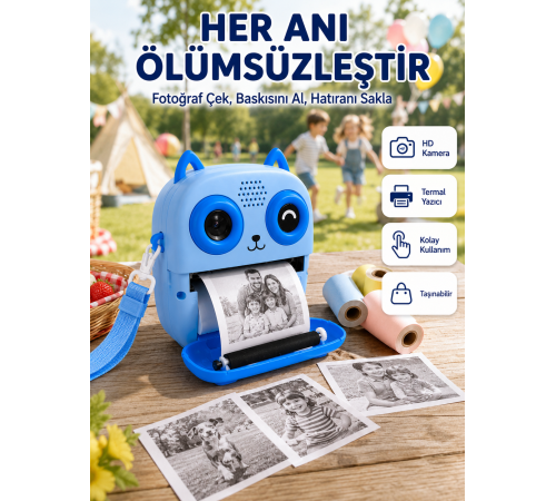 Çocuklar İçin Termal Baskılı Dijital Fotoğraf Makinesi Ön ve Arka Kameralı