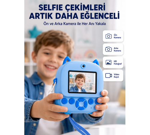 Selfie Özellikli Çocuk Fotoğraf Makinesi Mürekkepsiz Termal Baskı Teknolojisi