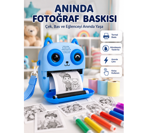 2.4'' IPS Ekranlı Çocuk Fotoğraf Makinesi HD Çekim ve Anında Baskı Keyfi