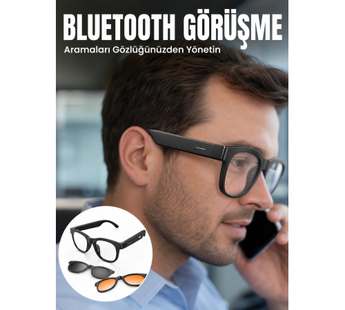 Yapay Zekâ Destekli Kablosuz Akıllı Gözlük Bluetooth Görüşme Müzik Dinleme ve Manyetik Şarj Özellikli