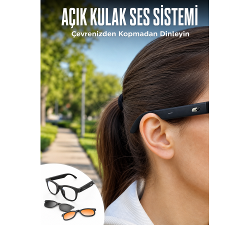 Yapay Zekâ Destekli Akıllı Bluetooth Gözlük Açık Kulak Ses Sistemi Günlük Kullanıma Uygun Hafif Tasarım