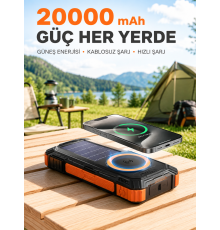 20000 mAh Powerbank Güneş Enerjili Kablosuz Şarj Hızlı Şarj Taşınabilir Batarya