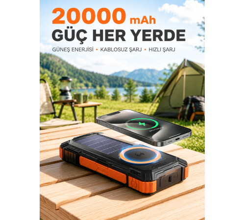 20000 mAh Powerbank Güneş Enerjili Kablosuz Şarj Hızlı Şarj Taşınabilir Batarya