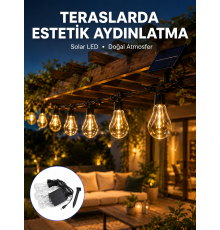 Güneş Enerjili LED Ampul Zincir Işık Sıcak Beyaz Dekoratif Bahçe Aydınlatması