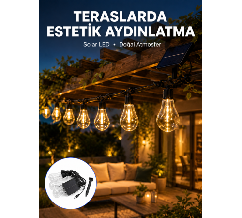 Güneş Enerjili LED Ampul Zincir Işık Sıcak Beyaz Dekoratif Bahçe Aydınlatması