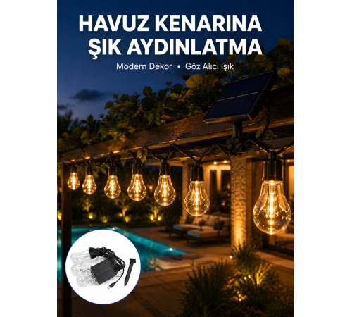 Güneş Enerjili Dış Mekan LED Ampul Işık Zinciri Bahçe ve Teras Dekorasyonu