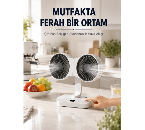 Ayarlanabilir Çift Fan Başlıklı Şarjlı Masa Vantilatörü
