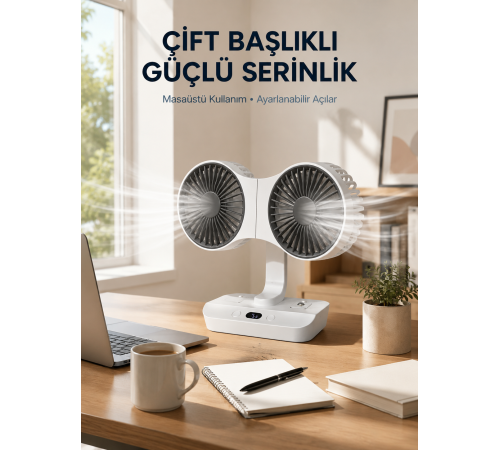 Duvara Monte Edilebilen Çift Başlıklı Sessiz Masa Fanı