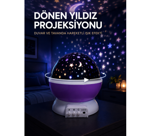 Yıldız Projeksiyon Lambası Döner Başlıklı Renkli Çocuk Odası Gece Işığı
