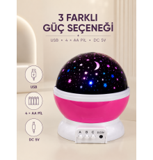 Pembe Yıldızlı Gece Lambası Döner Gökyüzü Projeksiyon Işığı