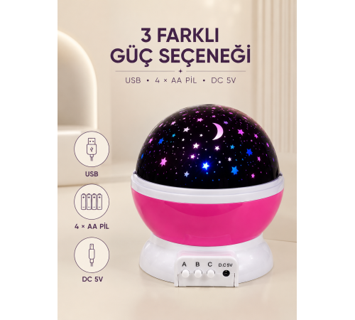 Pembe Yıldızlı Gece Lambası Döner Gökyüzü Projeksiyon Işığı